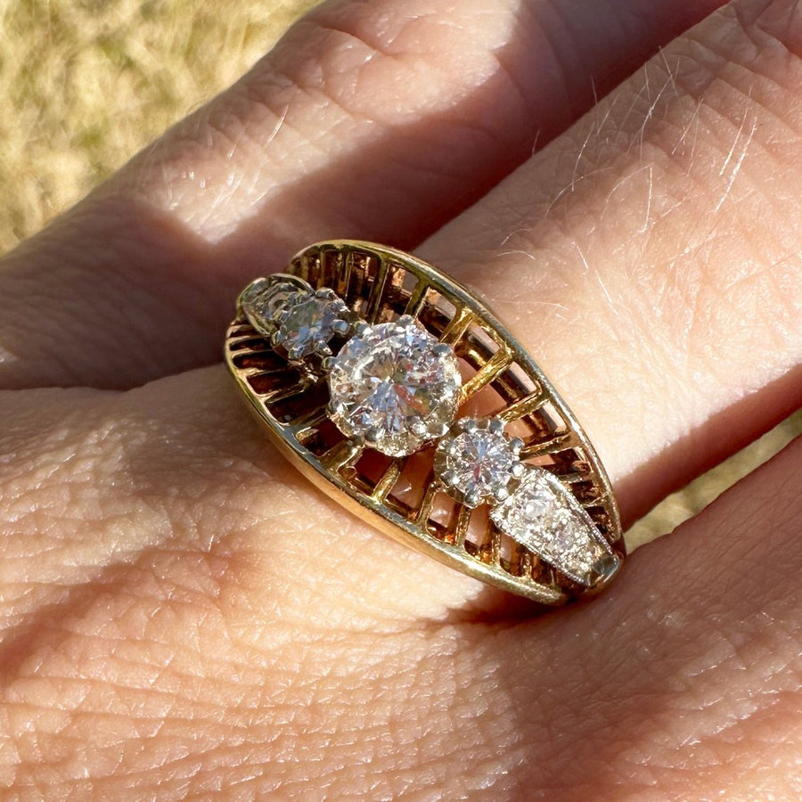 Retro 18ct Gold Diamond Ring with Openwork Fan Gallery | Parkin and Gerrish | Antique & Vintage Jewellery