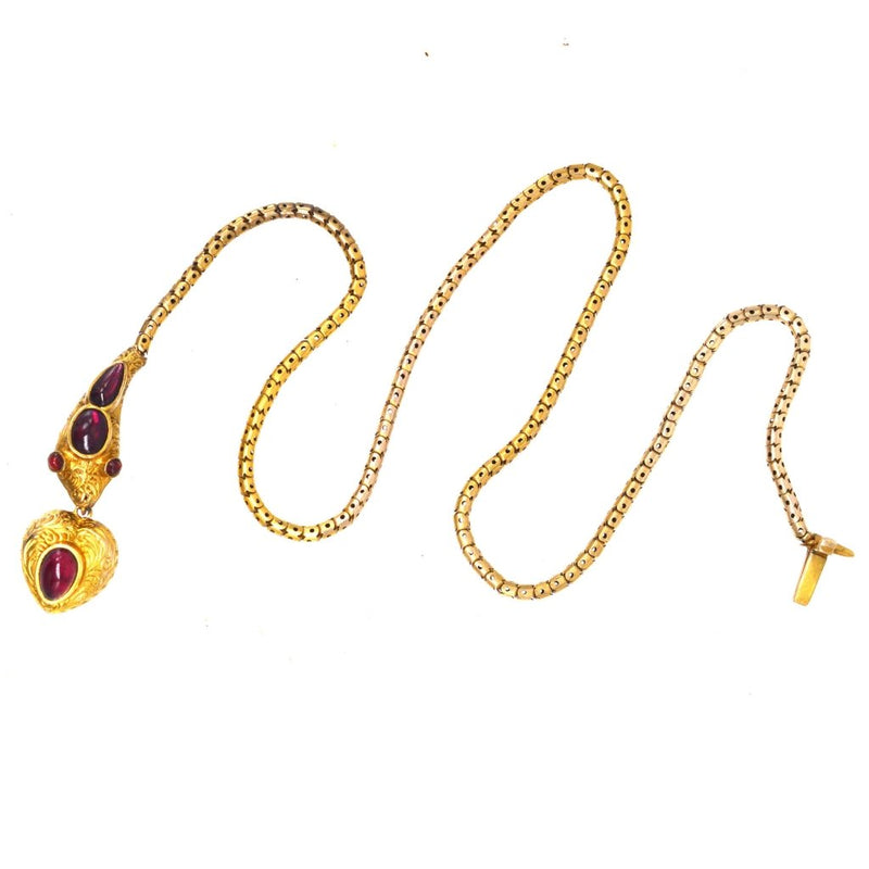 Victorian 15ct Gold Cabochon Garnet Snake Necklace with a Heart Locket in Original Case