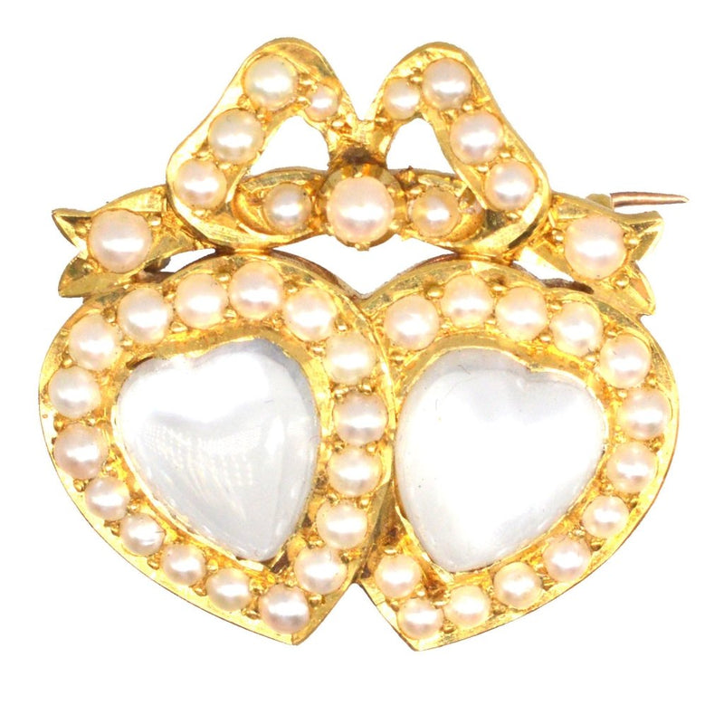 Victorian 15ct Gold Moonstone & Split Pearl Double-Heart Brooch