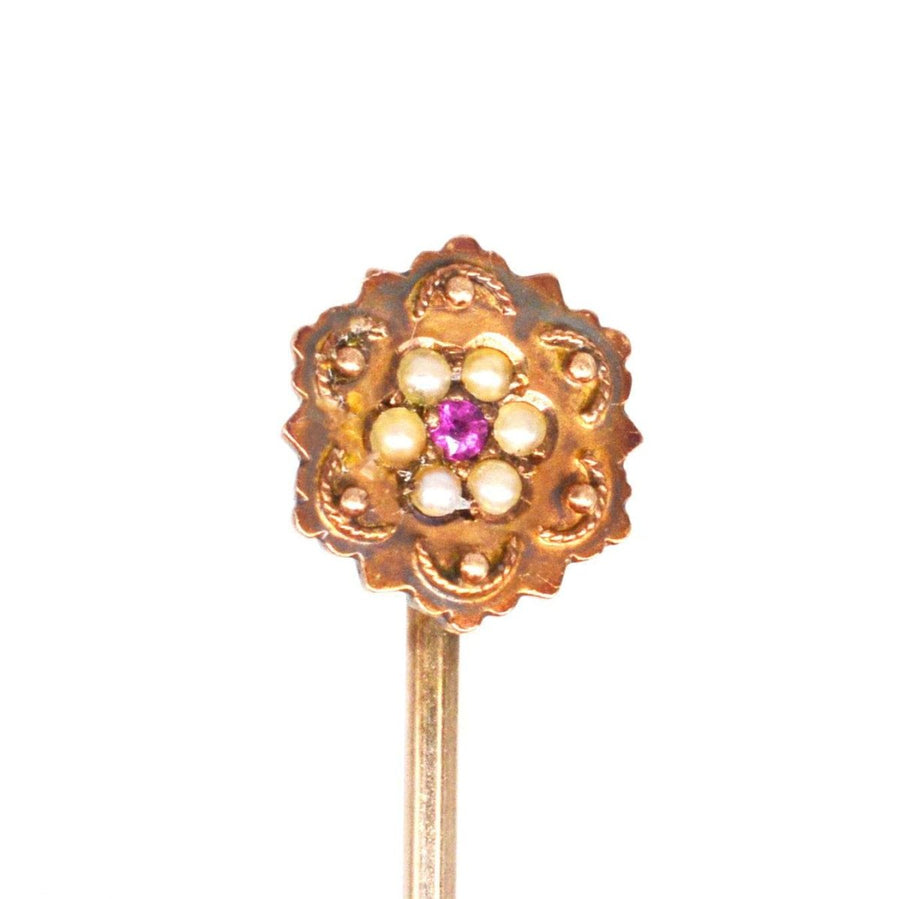 Victorian 15ct Gold Pearl and Ruby Cluster Tie Pin | Parkin and Gerrish (UK)
