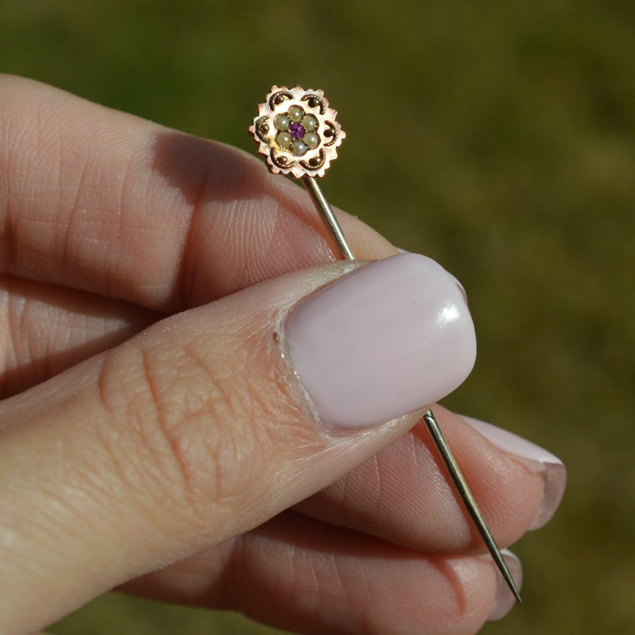 Victorian 15ct Gold Pearl and Ruby Cluster Tie Pin | Parkin and Gerrish (UK)