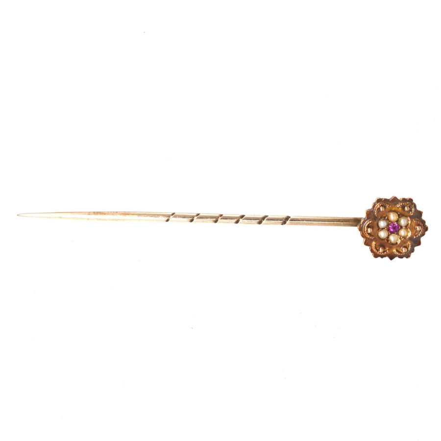 Victorian 15ct Gold Pearl and Ruby Cluster Tie Pin | Parkin and Gerrish (UK)