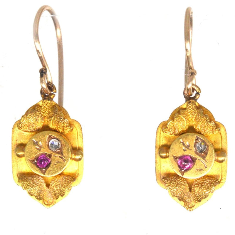 Victorian 15ct Gold Ruby & Diamond Drop Earrings