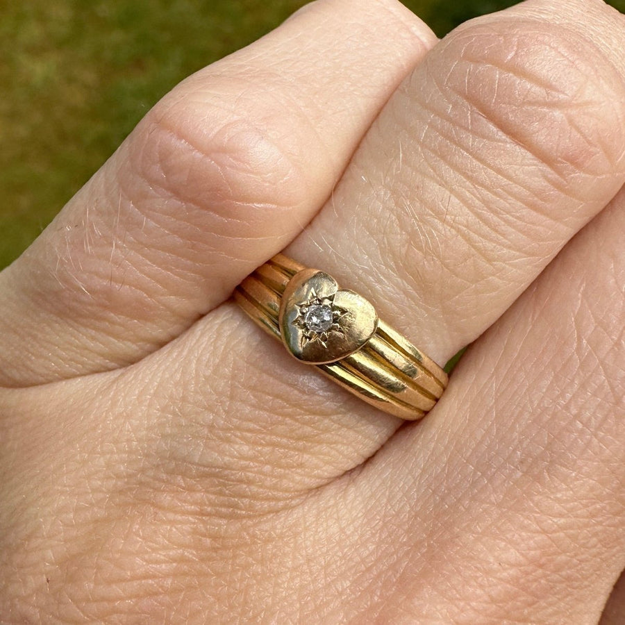 Victorian 18ct Gold Band Keeper Ring with a Heart and a Diamond | Parkin and Gerrish | Antique & Vintage Jewellery