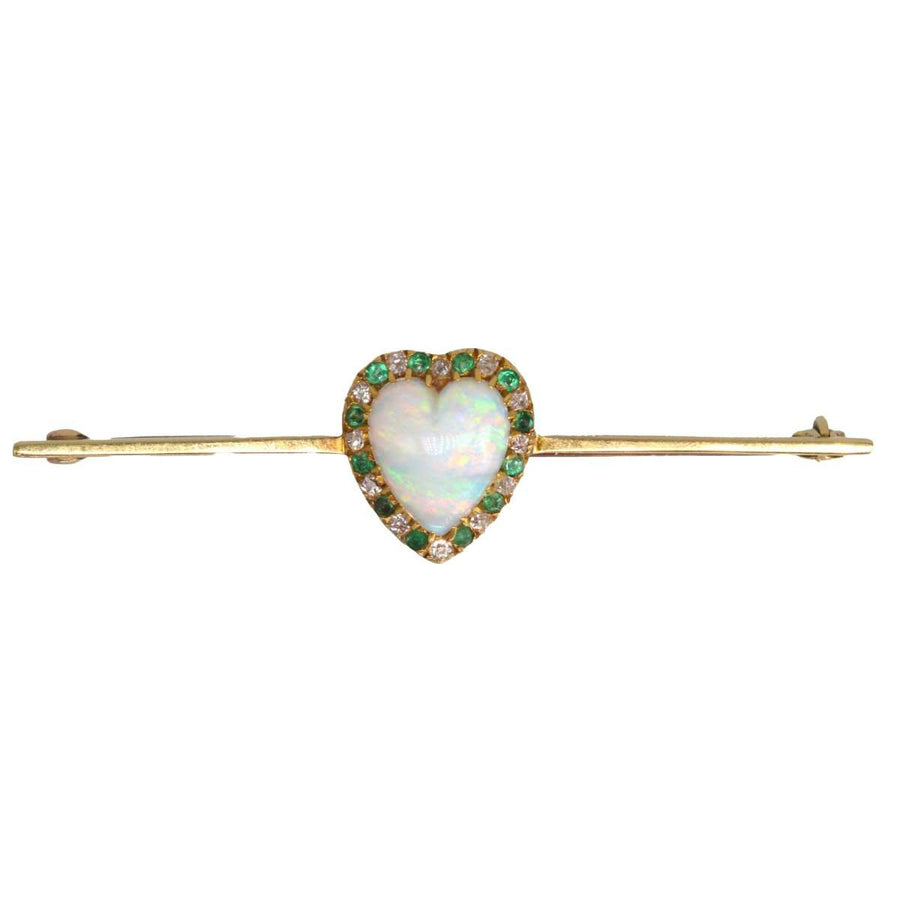 Victorian 18ct Gold Bar Brooch with a Heart Shaped Opal with Diamond and Emerald | Parkin and Gerrish | Antique & Vintage Jewellery
