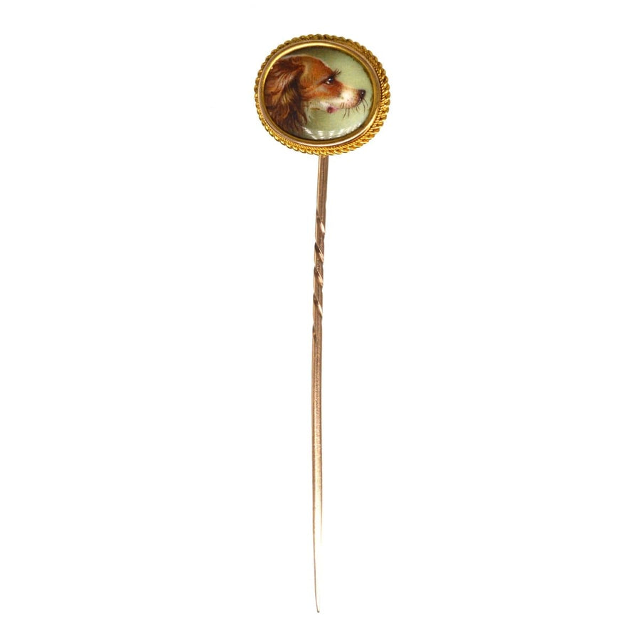 Victorian 18ct Gold Painted Miniature of a Spaniel Dog Tie Pin After Armfield | Parkin and Gerrish | Antique & Vintage Jewellery