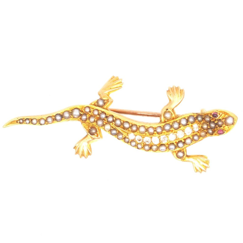 Victorian 18ct Gold, Pearl & Diamond Lizard Brooch