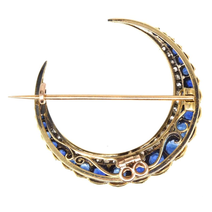 Victorian 18ct Gold, Sapphire and Diamond Crescent Moon Brooch | Parkin and Gerrish | Antique & Vintage Jewellery