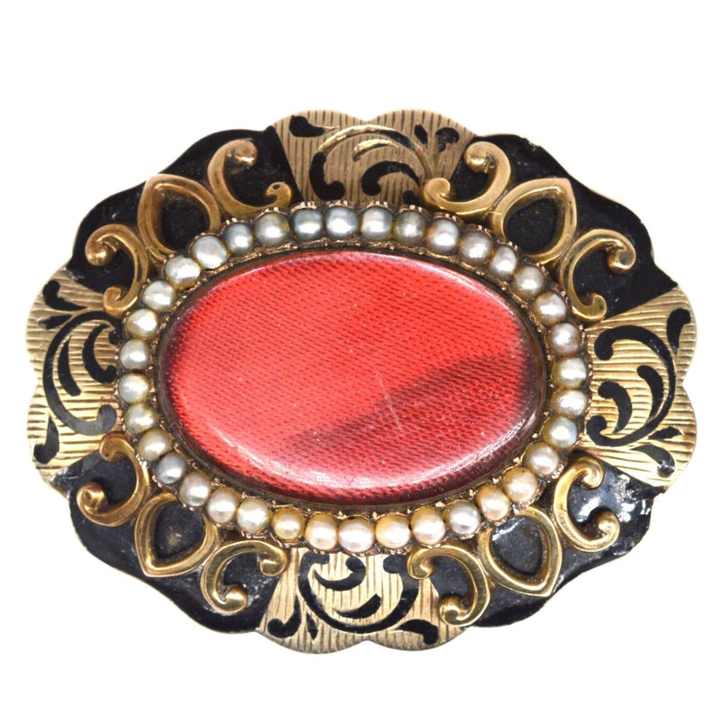 Broche de deuil victorienne en or 9 carats avec perle de rocaille et ornements capillaires