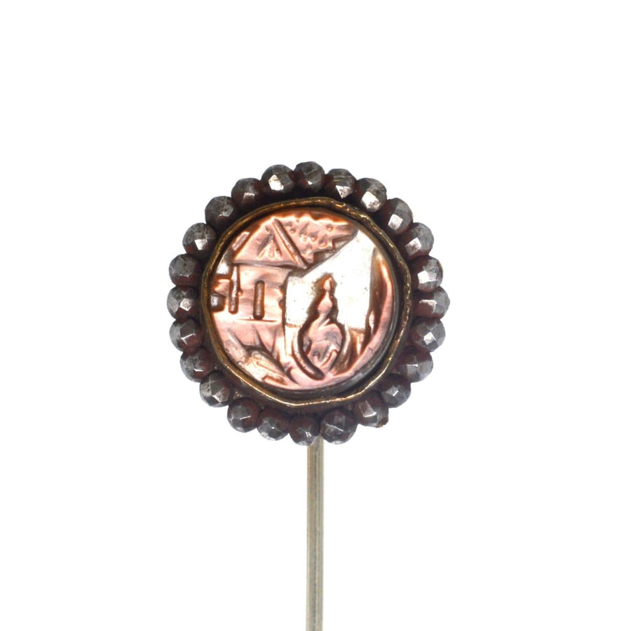 Victorian Cut Steel and Carved Brown Mother of Pearl Tie Pin | Parkin and Gerrish | Antique & Vintage Jewellery