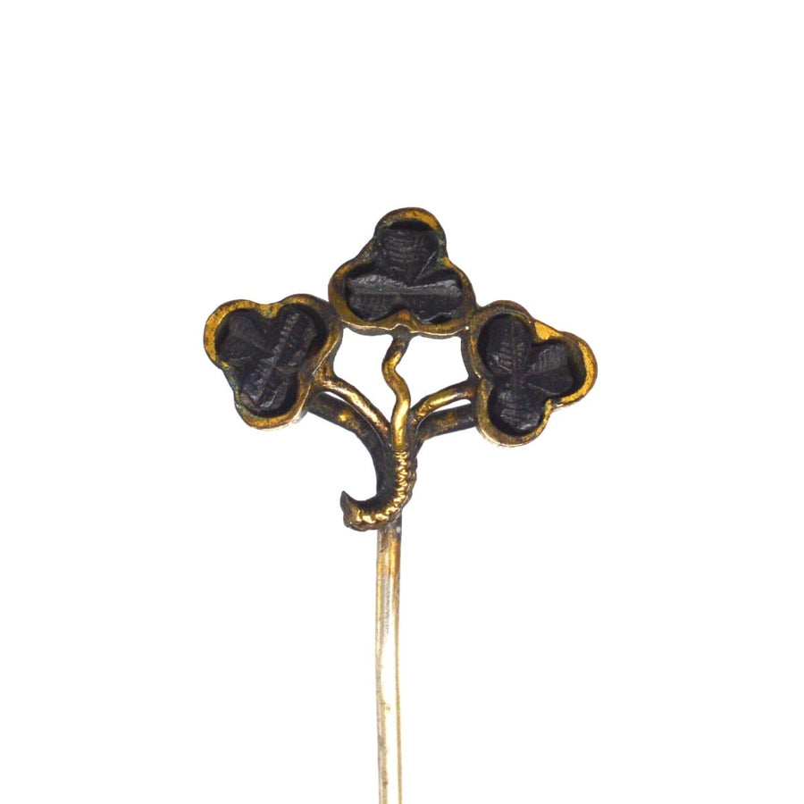 Victorian Irish Carved Bog Oak Tie Pin of a Trio of Shamrocks | Parkin and Gerrish | Antique & Vintage Jewellery