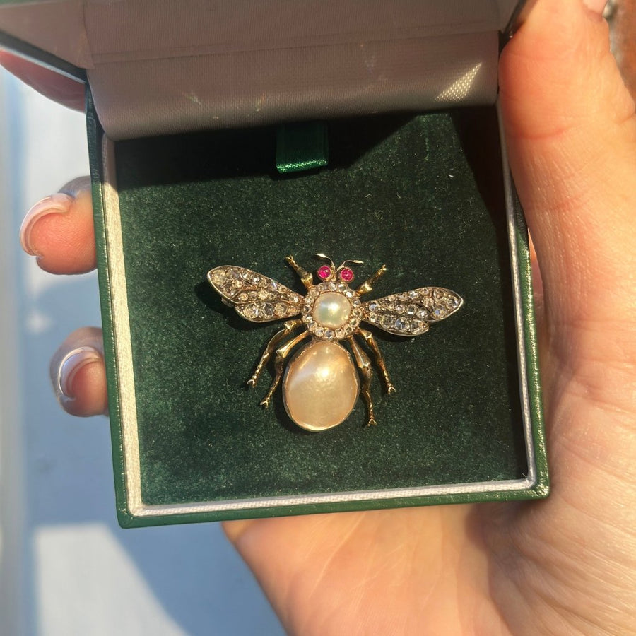 Victorian Rose Cut Diamond and Pearl Bee / Insect Brooch | Parkin and Gerrish (UK)