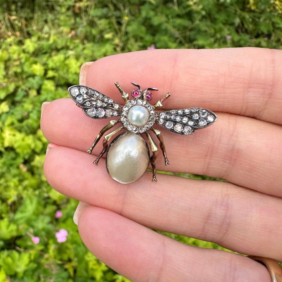 Victorian Silver & 18ct Gold, Rose Cut Diamond and Pearl Bee / Insect Brooch | Parkin and Gerrish | Antique & Vintage Jewellery