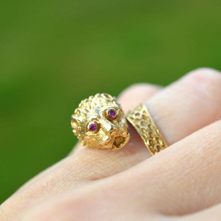 Vintage 18ct Gold Chimera Ring with Ruby Eyes | Parkin and Gerrish | Antique & Vintage Jewellery