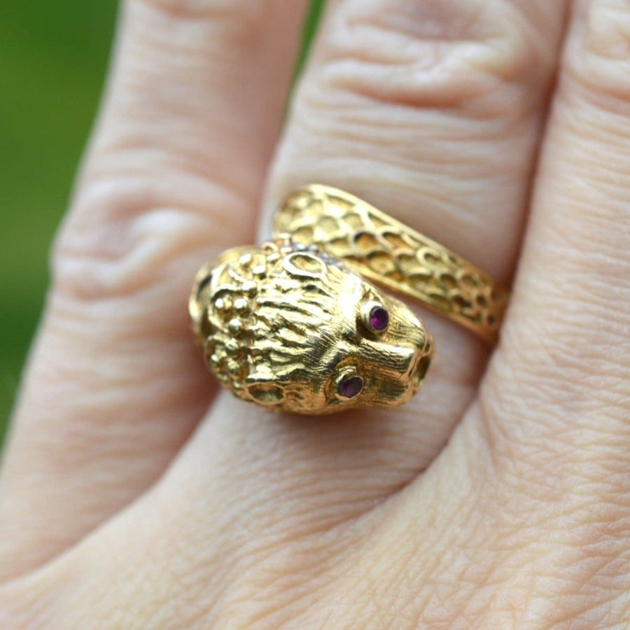 Vintage 18ct Gold Chimera Ring with Ruby Eyes | Parkin and Gerrish | Antique & Vintage Jewellery