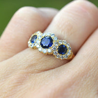 Vintage 18ct Gold Sapphire and Diamond Triple Cluster Ring | Parkin and Gerrish (UK)