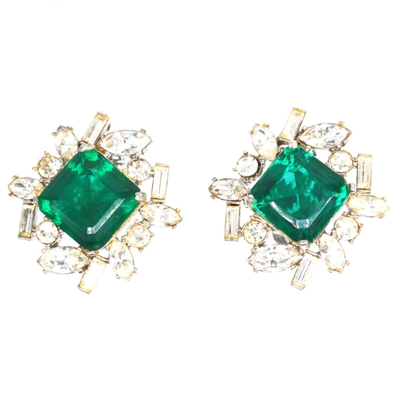 Vintage 1990s Green and White Paste Clip On Earrings by Kenneth Lane