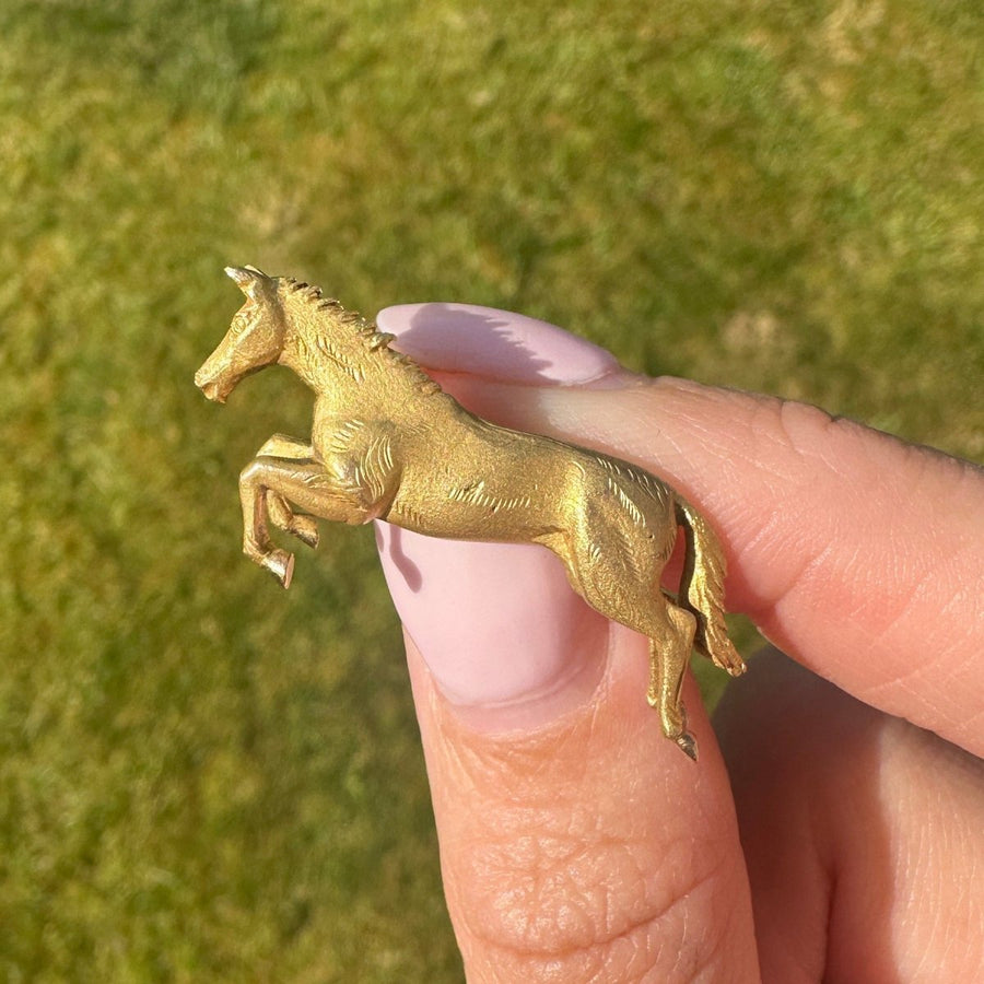 Vintage 9ct Gold Jumping Horse Brooch by Alabaster & Wilson | Parkin and Gerrish | Antique & Vintage Jewellery