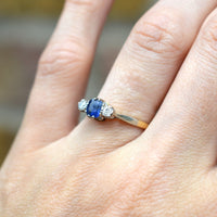 1940s 18ct Gold and Platinum, Asscher Cut Sapphire and Diamond Three Stone Ring | Parkin and Gerrish (UK)
