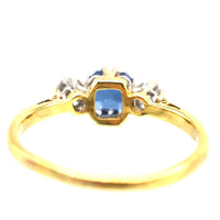 1940s 18ct Gold and Platinum, Asscher Cut Sapphire and Diamond Three Stone Ring | Parkin and Gerrish (UK)