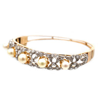 1940s 18ct Gold Cultured Pearl and Diamond Bangle | Parkin and Gerrish (UK)