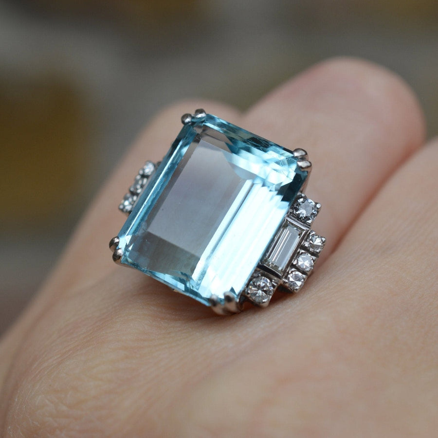 Gemstone Aquamarine Cocktail Ring Emerald Cut 1940s Platinum 16