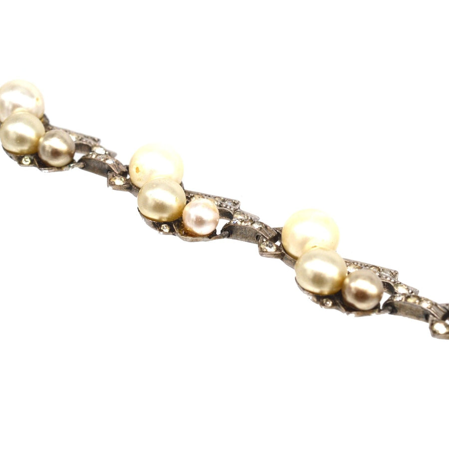 1940s Retro Sterling Sliver, White Paste "Diamond" and Faux Pearl Bracelet | Parkin and Gerrish | Antique & Vintage Jewellery