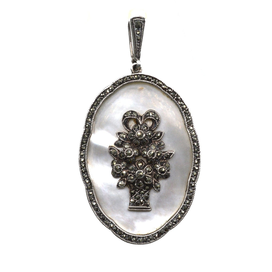 1940s Silver Mother of Pearl and Marcasite Pendant with a Basket of Flowers | Parkin and Gerrish | Antique & Vintage Jewellery