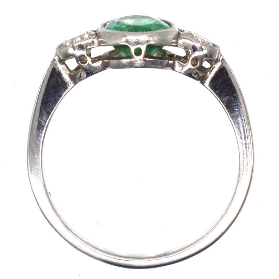 1950s Platinum, Emerald and Diamond Three Stone Bezel Ring | Parkin and Gerrish | Antique & Vintage Jewellery
