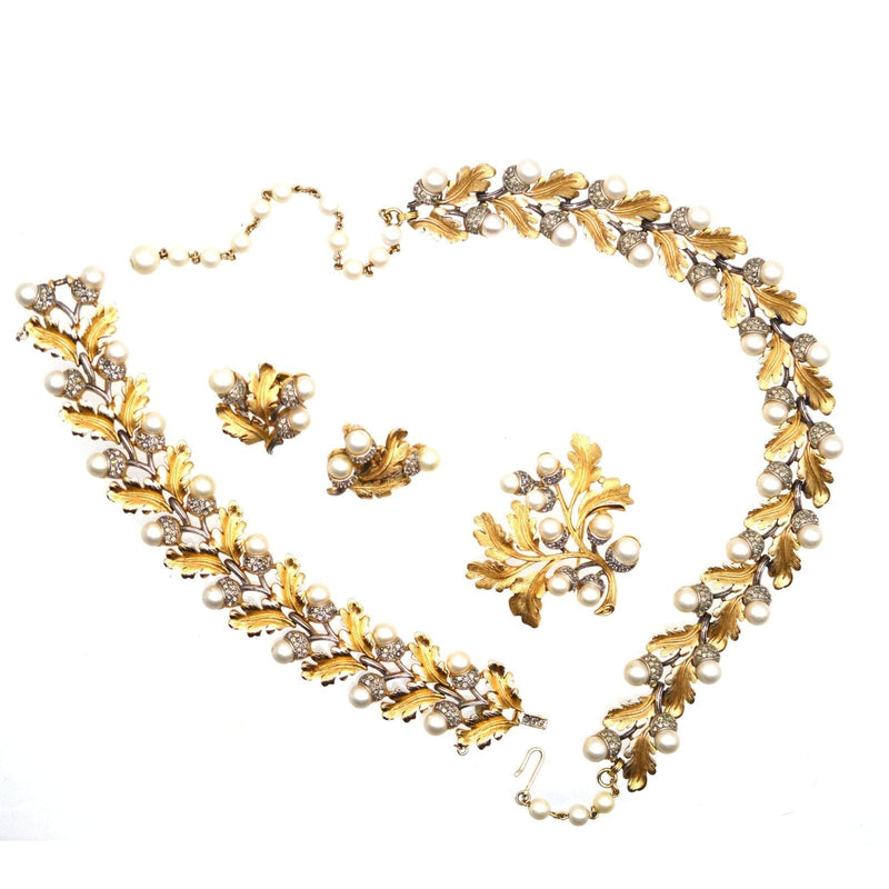 1950s Trifari Gold-Tone Oak Leaf & Faux Pearl Acorn Parure - matching Necklace, Bracelet, Brooch and Earrings