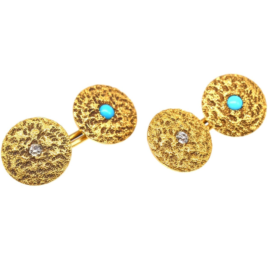 1960s 18ct Gold, Diamond and Turquoise Textured Gold Cufflinks | Parkin and Gerrish | Antique & Vintage Jewellery