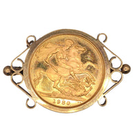 1980 22ct Gold Full Sovereign in a 9ct Gold Brooch Mount with Queen Elizabeth II George & the Dragon | Parkin and Gerrish (UK)