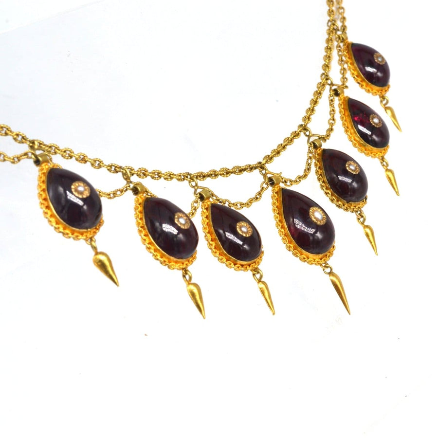 19th Century 15ct Gold, Cabochon Garnet and Seed Pearl Swag Chain Necklace | Parkin and Gerrish | Antique & Vintage Jewellery