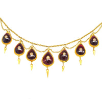 19th Century 15ct Gold, Cabochon Garnet and Seed Pearl Swag Chain Necklace | Parkin and Gerrish (UK)