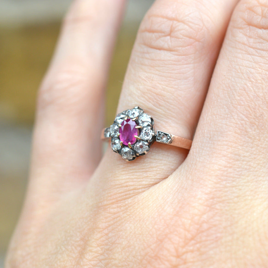 Late Victorian Silver & 15ct Rose Gold, Burma Ruby & Old Mine Cut Diamond Cluster Ring