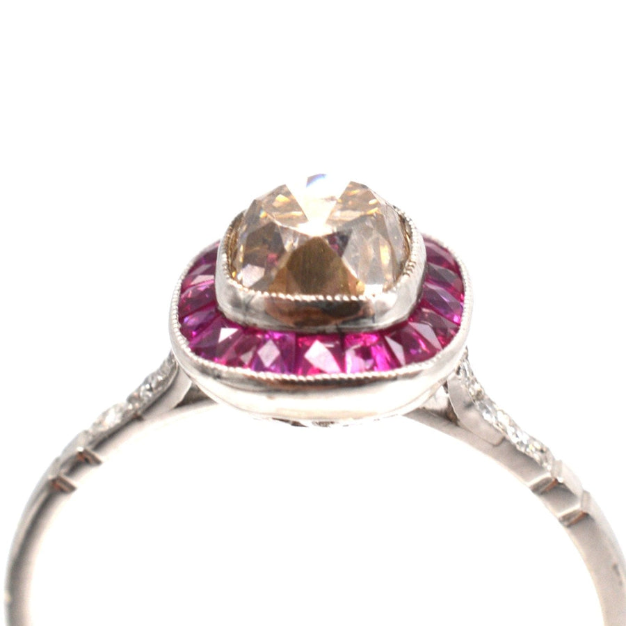 American Art Deco Platinum 1.3 Carat Champagne Old Mine Cut Diamond and Ruby Target Ring | Parkin and Gerrish | Antique & Vintage Jewellery