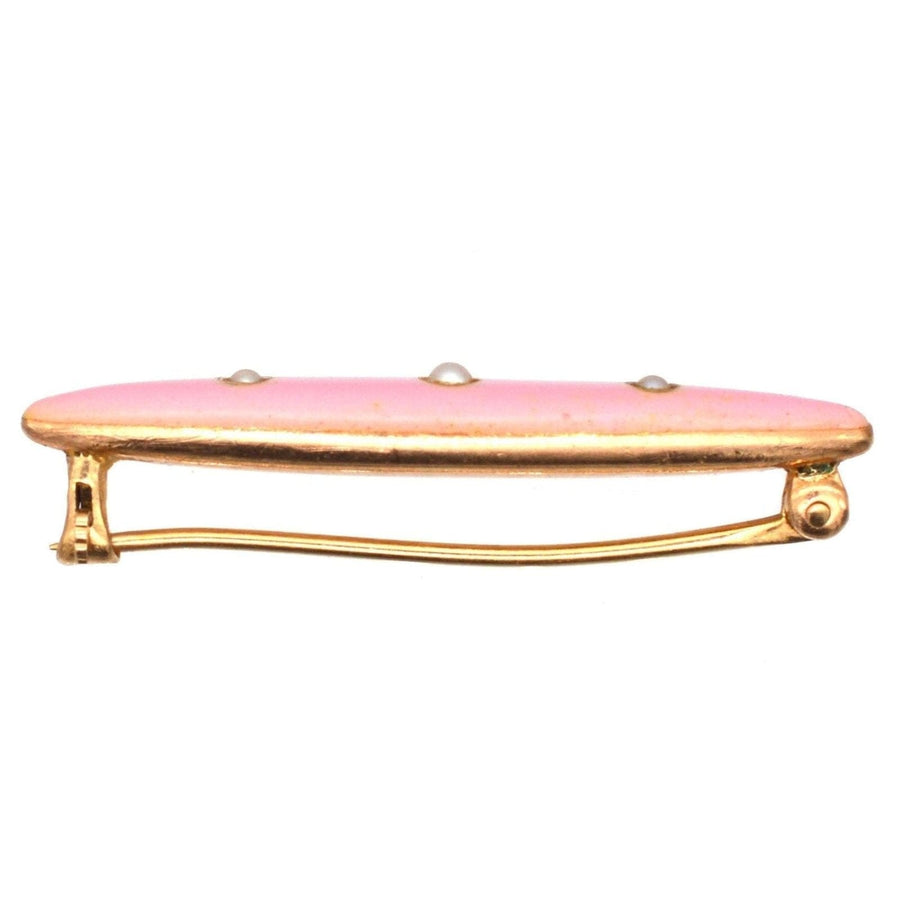 American Edwardian 14ct Gold, Baby Girl Pink Enamel Bar Brooch with Three Split Pearls | Parkin and Gerrish | Antique & Vintage Jewellery