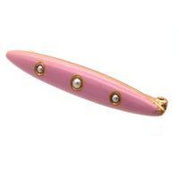 American Edwardian 14ct Gold, Baby Girl Pink Enamel Bar Brooch with Three Split Pearls | Parkin and Gerrish (UK)