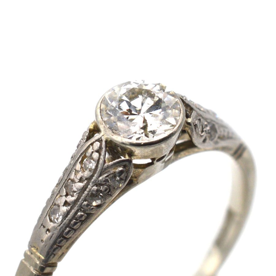 Art Deco 18ct Gold & Diamond Solitaire Ring with Decorated Shoulders | Parkin and Gerrish | Antique & Vintage Jewellery