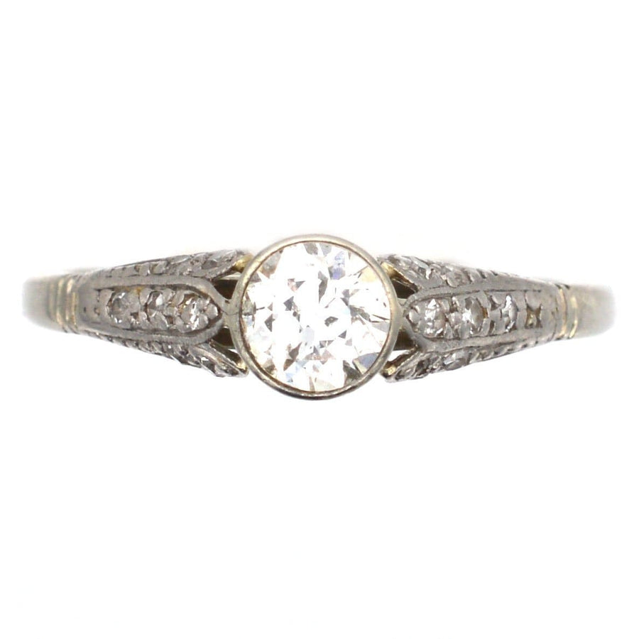 Art Deco 18ct Gold & Diamond Solitaire Ring with Decorated Shoulders | Parkin and Gerrish | Antique & Vintage Jewellery