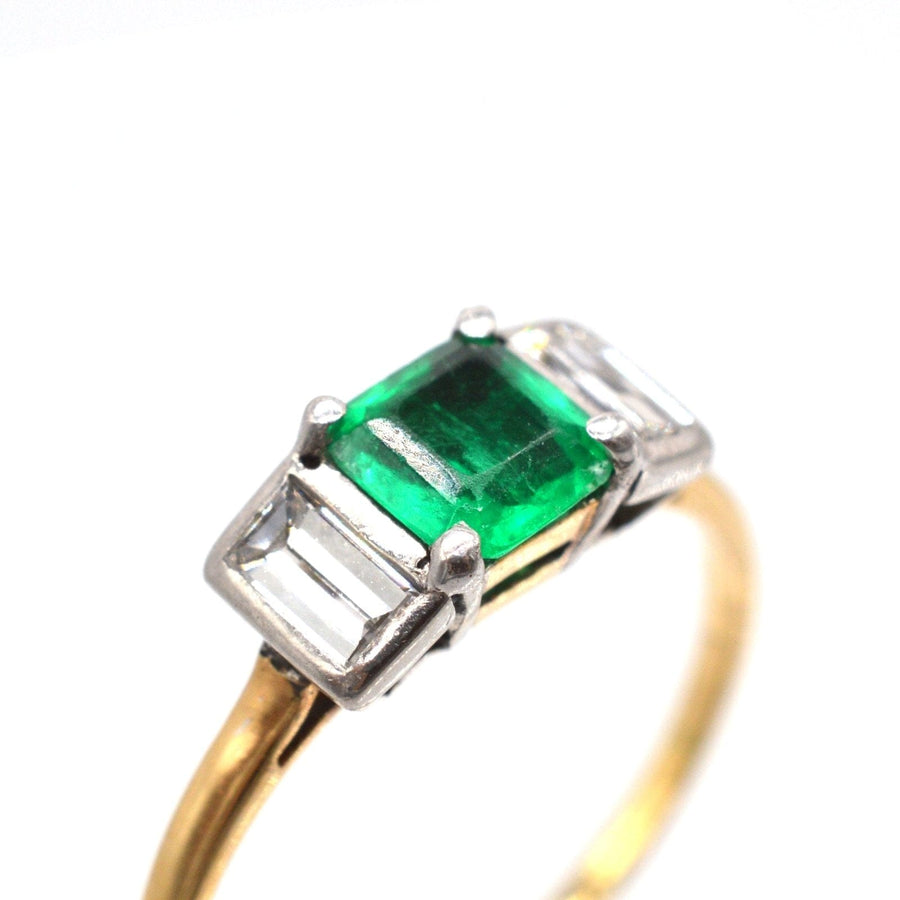 Art Deco 18ct Gold & Platinum, Columbian Emerald & Diamond Three Stone Ring | Parkin and Gerrish | Antique & Vintage Jewellery