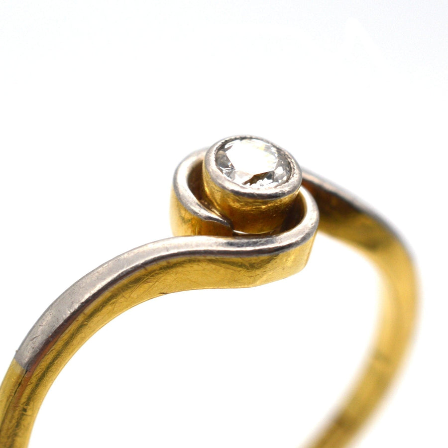 Art Deco 18ct Gold & Platinum, Diamond Bezel Setting Twist Solitaire Ring | Parkin and Gerrish | Antique & Vintage Jewellery