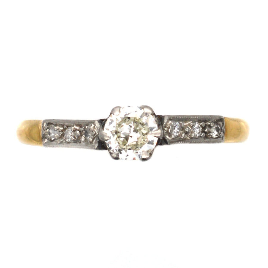 Art Deco 18ct Gold & Platinum, Diamond Solitaire Ring with Diamond Shoulders | Antique & Vintage Jewellery