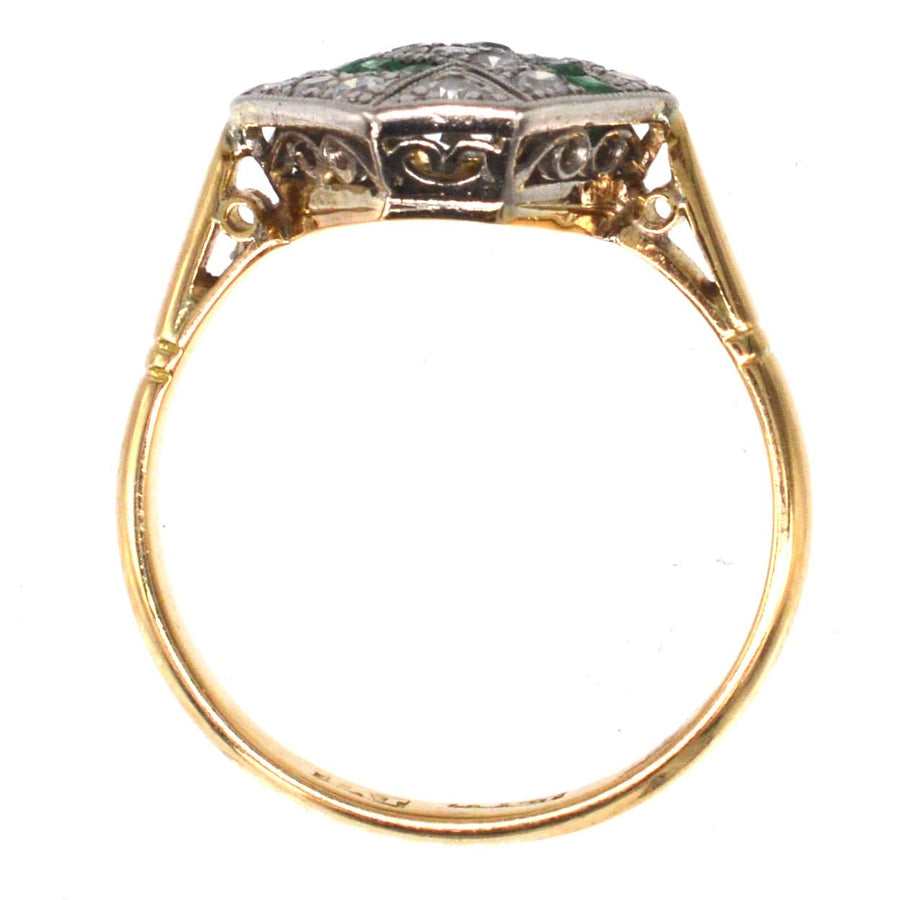 Art Deco 18ct Gold & Platinum, Emerald & Diamond Hexagonal Ring | Parkin and Gerrish | Antique & Vintage Jewellery