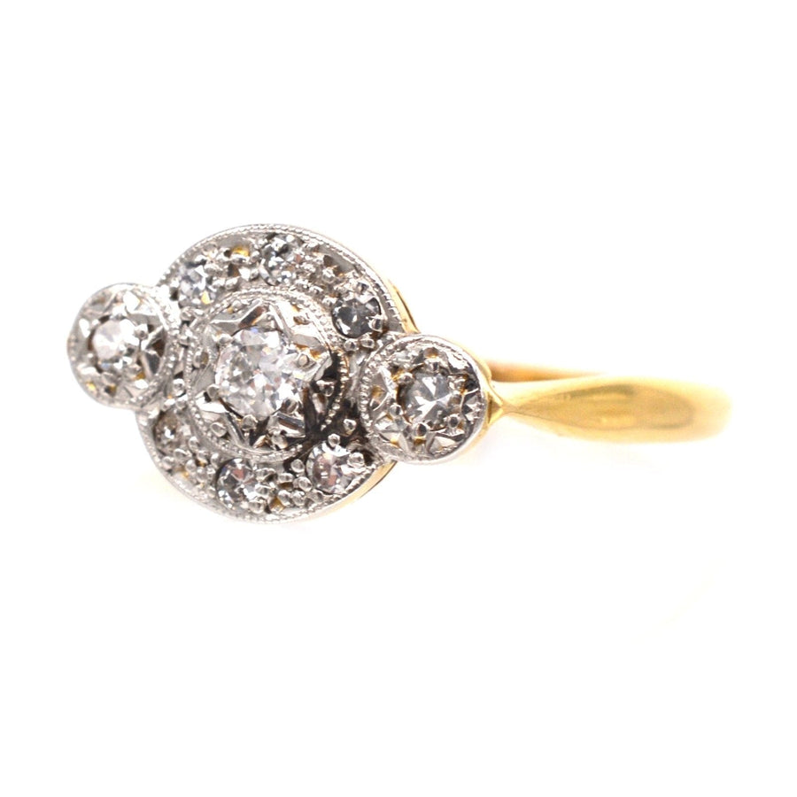 Art Deco 18ct Gold & Platinum Three Stone Diamond Star Halo Design Ring | Parkin and Gerrish | Antique & Vintage Jewellery