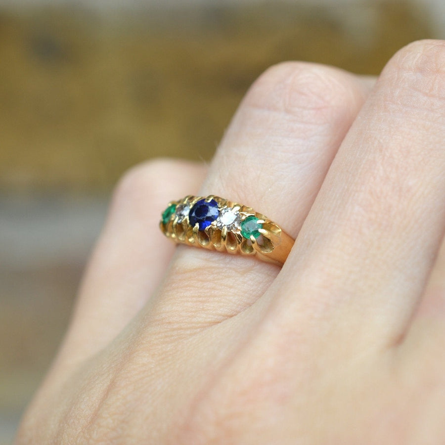 Art Deco 18ct Gold 'Tutti Frutti' Sapphire, Emerald and Diamond Five Stone Ring | Parkin and Gerrish | Antique & Vintage Jewellery