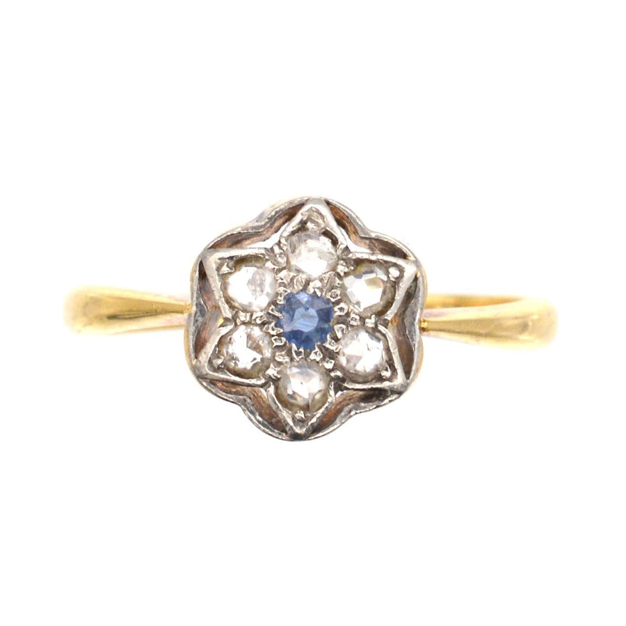 Art Deco 18ct & Platinum, Diamond & Sapphire Flower Star Ring | Parkin and Gerrish | Antique & Vintage Jewellery