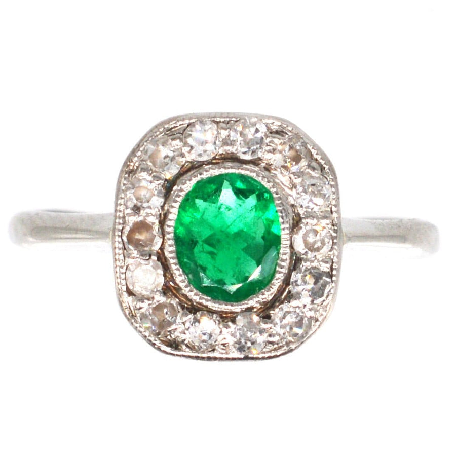 Art Deco 18ct White Gold Emerald and Diamond Cluster Ring | Parkin and Gerrish | Antique & Vintage Jewellery