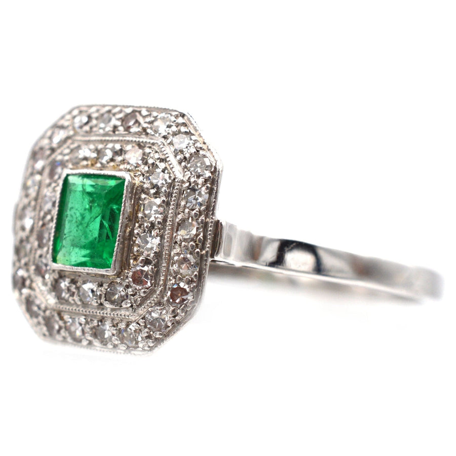 Art Deco 18ct White Gold & Platinum, Emerald & Diamond Ring | Parkin and Gerrish | Antique & Vintage Jewellery