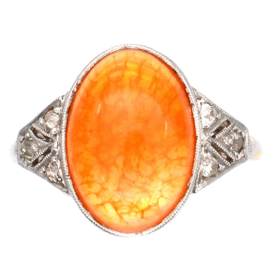 Art Deco 18ct White Gold & Platinum, Natural Mexican Fire Opal with Play of Colour & Diamond Ring | Parkin and Gerrish | Antique & Vintage Jewellery